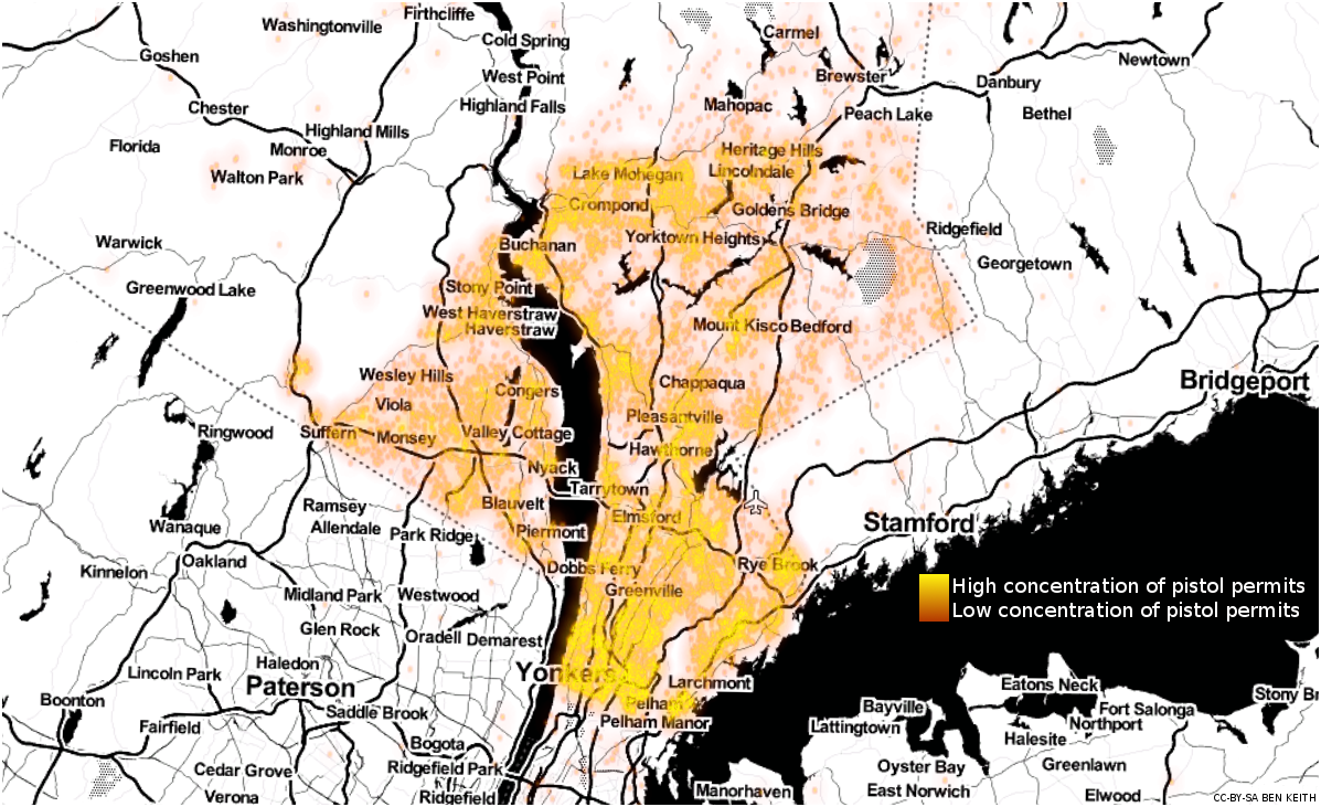 A heatmap of the pistol permit locations  in Westchester and Rockland counties, New York. Yellow indicates areas of high concentration, orange low. This image is CC-BY-SA Ben Keith, made using Toner and OpenStreetMap.